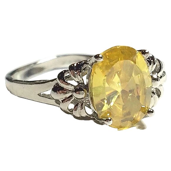 Sterling Silver Fleur de Lis Solitaire Ring Size 7 Canary Yellow Cubic Zirconia - Picture 1 of 10